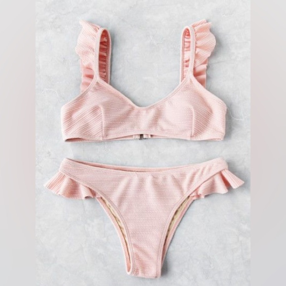 Ruffle Trim Pink Bikini Set